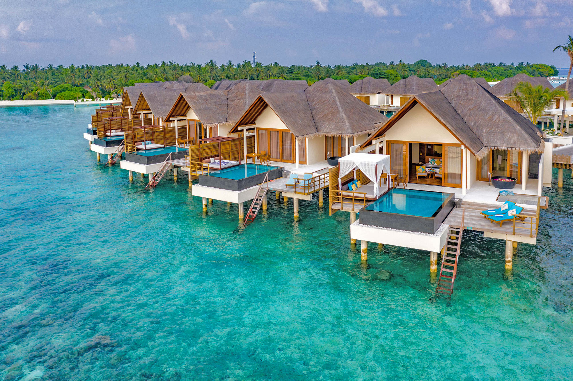 Aerial view of the Sunset Ocean Pool Villa at Furaveri Maldives