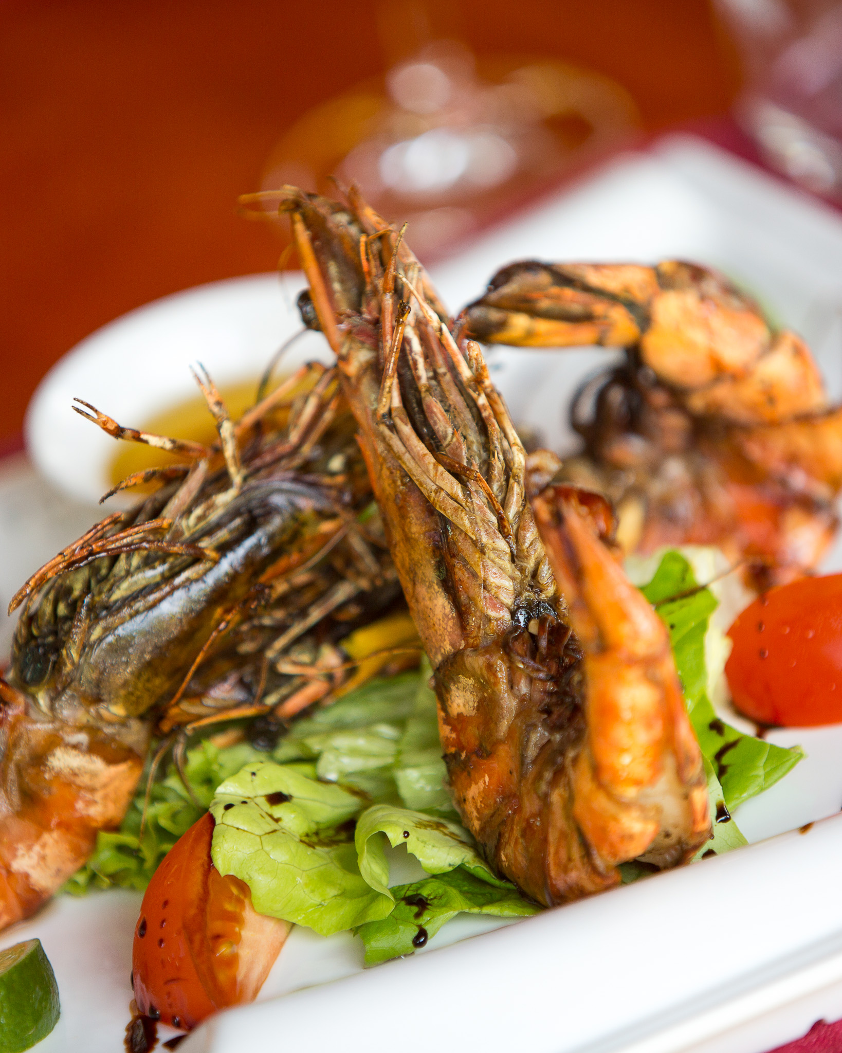 Grilled prawns served on a fresh salad with tomatoes and greens on a white plate